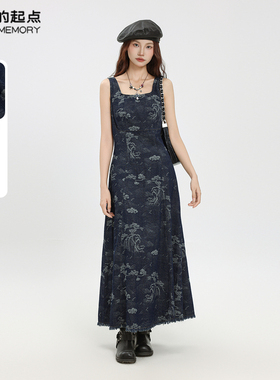 记忆的起点吊带连衣裙2025秋季新款收腰印花牛仔背心裙69AQ88575