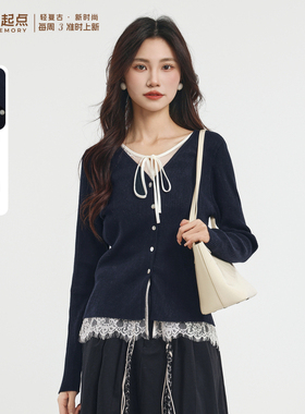 记忆的起点假两件V领开衫2026春季新款蕾丝拼接针织衫女70TC58037