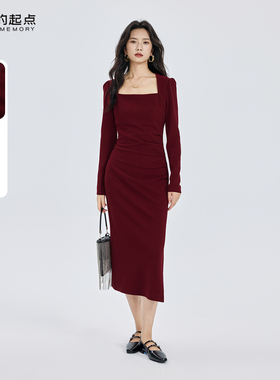 记忆的起点长袖连衣裙女2025秋季新款订婚红色显瘦长裙69GQ8067Z