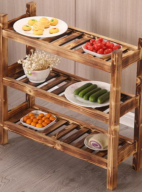 火锅店菜架多层实木碳化蔬菜架子厨房酒店放菜架三层火烧木置物架