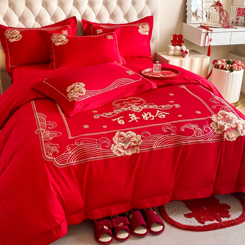 高档中式百子图结婚四件套大红色床单被套纯棉新婚庆床上用品婚房
