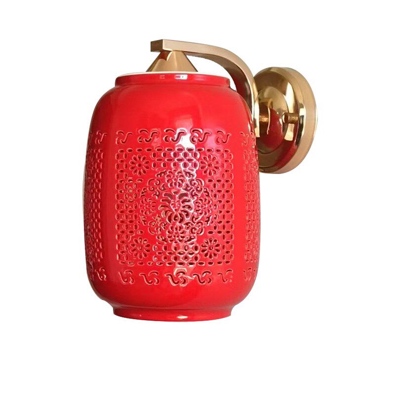 金色中式壁灯婚庆乔迁红色陶瓷壁灯卧室走廊过道门厅阳台灯中国风
