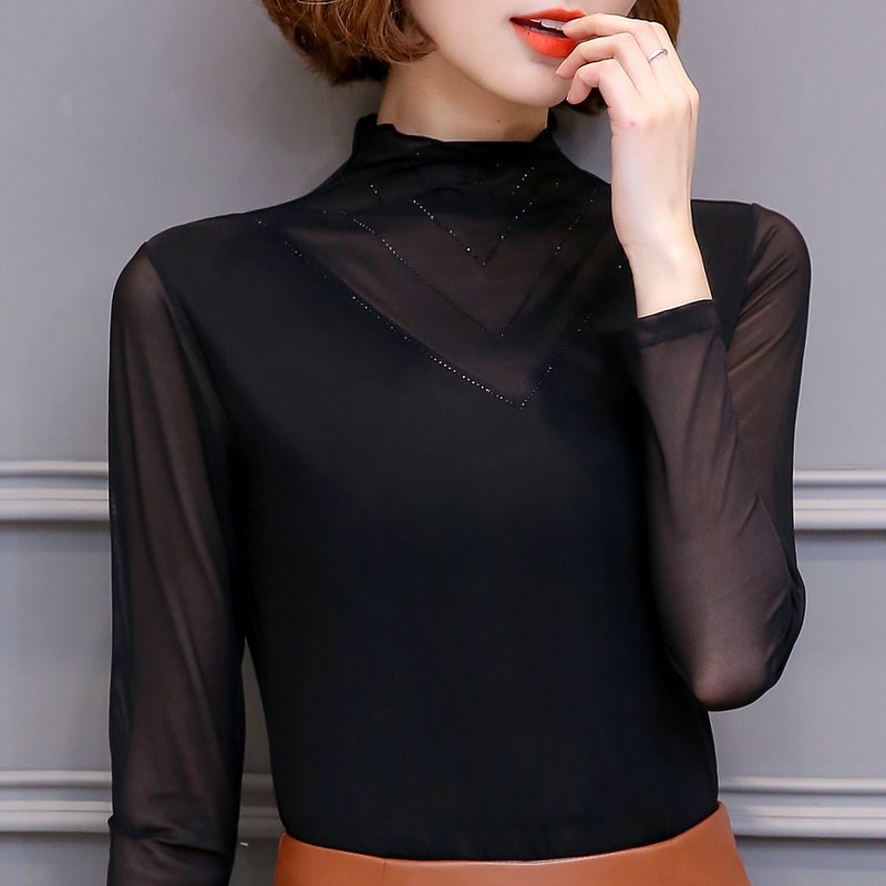 春秋新款蕾丝打底衫女长袖内搭薄款网纱t恤上衣修身百搭高领小衫