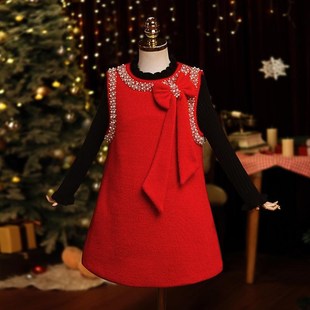 女童毛呢背心公主连衣裙子儿童装秋冬装冬季加绒2024新款毛衣套装