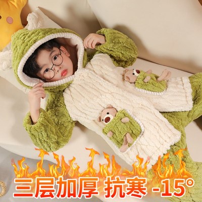 秋冬季儿童睡衣冬款加厚款珊瑚绒三层夹棉男童女童连帽家居服套装