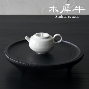 香樟木圆干泡台炭化黑实木中古风茶空间零食托盘三脚茶盘 侘寂日式