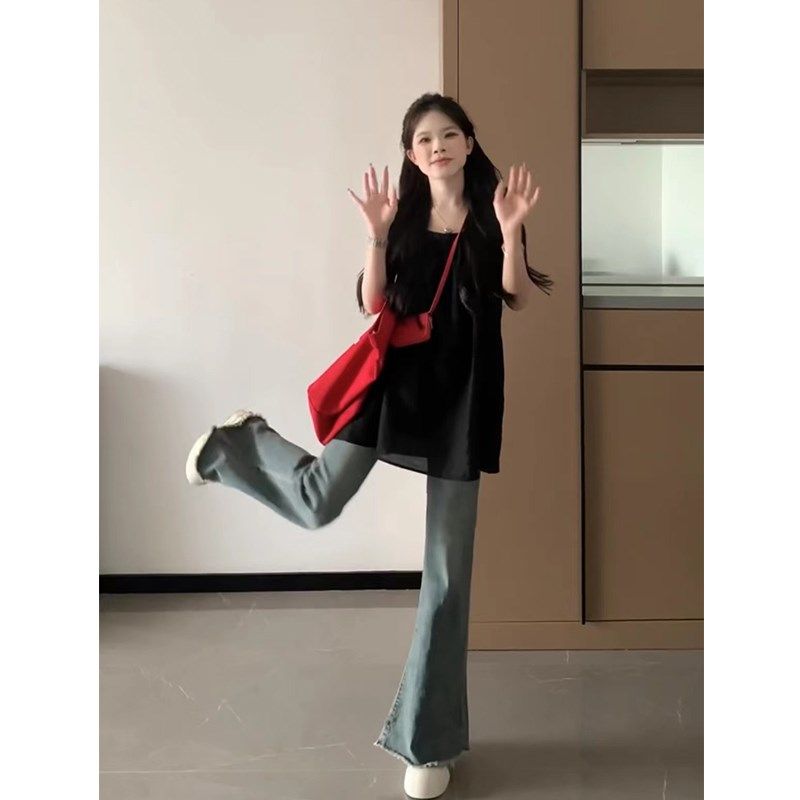 毛边复古微喇叭牛仔裤女小个子春秋季新款显瘦高腰直筒宽松阔腿裤