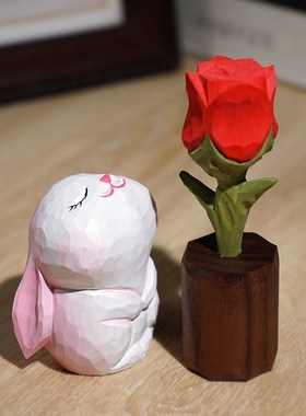 闻香兔玫瑰花手工木雕小摆件卡通可爱治愈系兔子工位办公室桌面