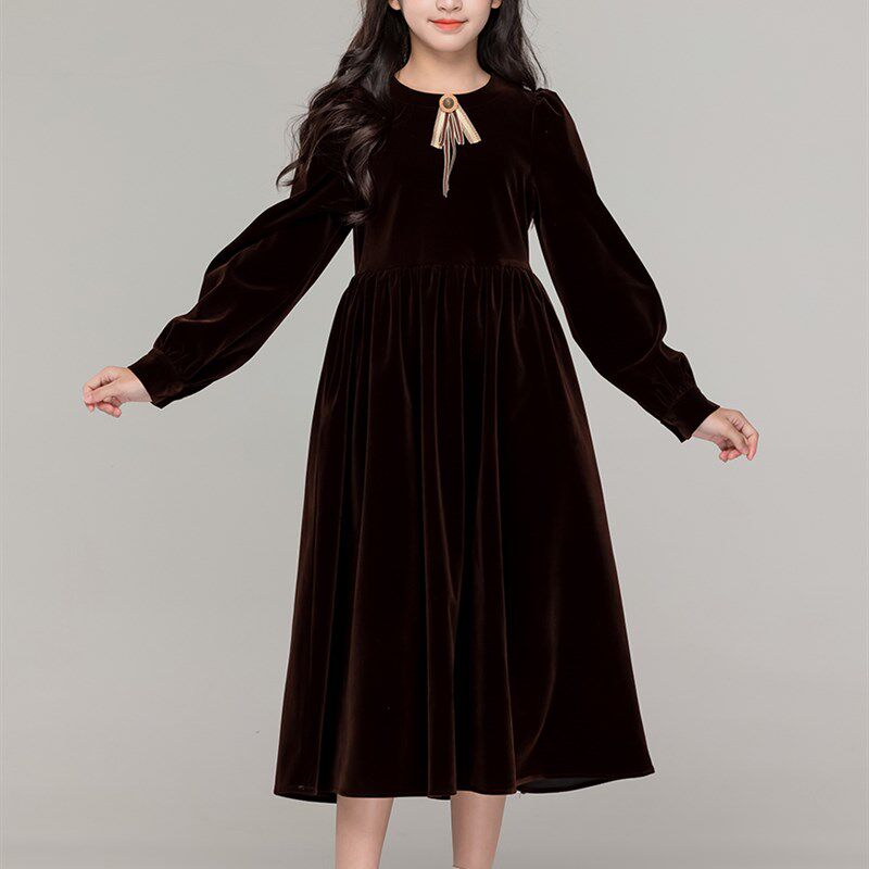 女童秋冬连衣裙加绒公主裙中大童酒红色生日礼服裙小女孩新年裙子