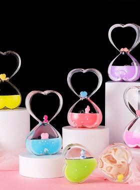 粉嫩治愈系双爱心彩色水液体漂浮卡通小动物油滴沙漏解压摆件礼物