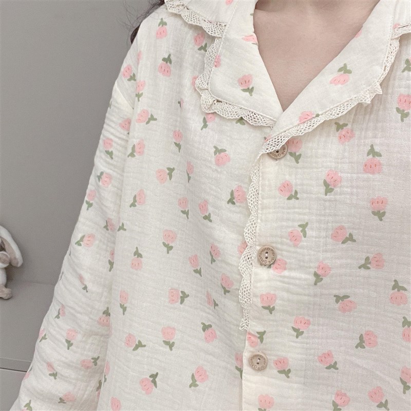 甜美春秋长袖长裤纯棉透气柔软双层纱布少女睡衣可外穿家居服套装