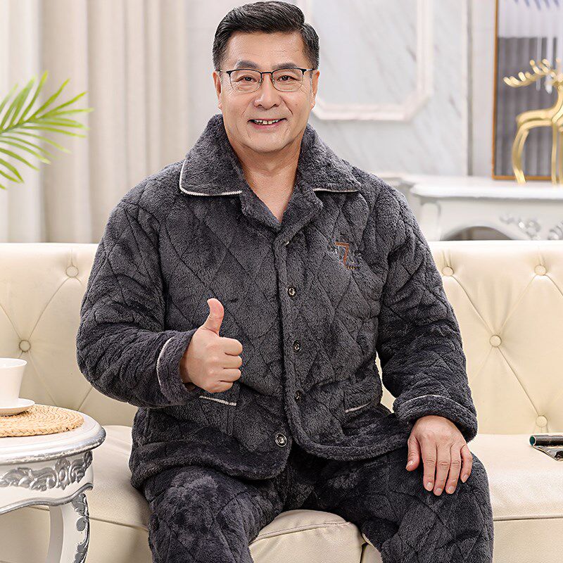 睡衣秋冬季三层加厚加绒男士夹棉珊瑚绒中老年父亲保暖家居服套装