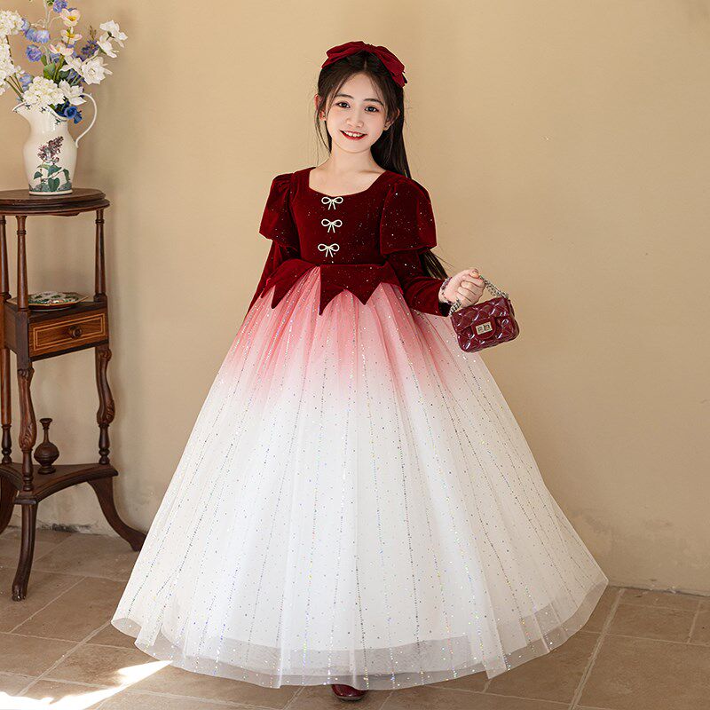 红色女童礼服秋冬新款高端生日公主裙小主持人钢琴演奏儿童演出服