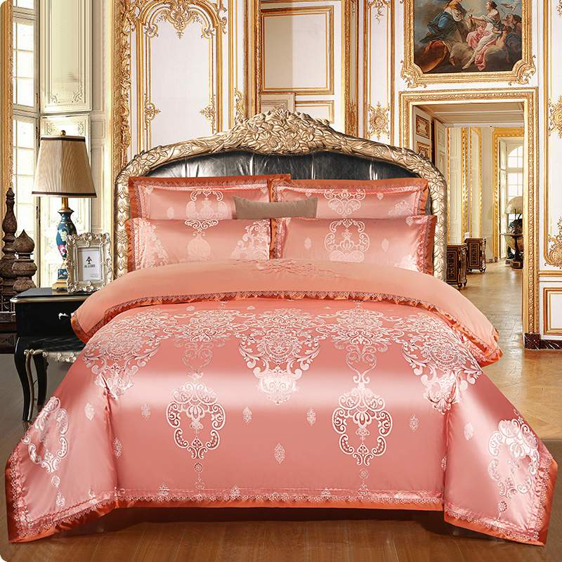 纯棉贡缎床盖式全棉婚庆床上用品加厚夹棉绗缝床罩四件套金色欧式