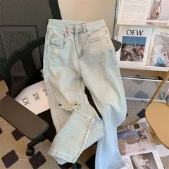 美式浅色破洞牛仔裤男春夏设计感小众宽松阔腿ins潮牌直筒休闲裤