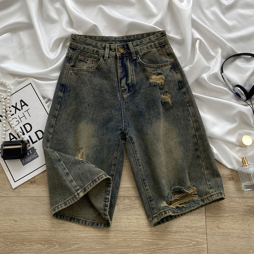 水泥灰破洞牛仔短裤男夏季薄款