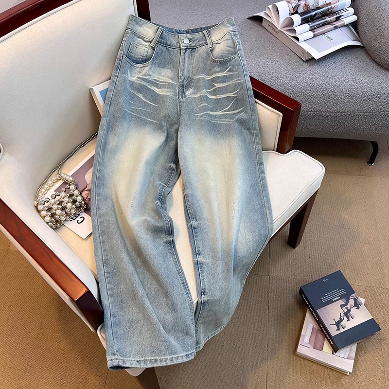 美式复古折痕做旧水洗牛仔裤男