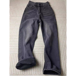 高街潮牌休闲裤 美式 宽松加绒直筒裤 男秋冬新款 子 复古黑灰色牛仔裤