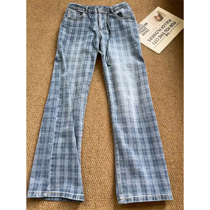 美式高街蓝色格子牛仔裤男秋季