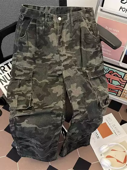 American High Street Workwear Wide-Leg Camouflage Jeans for Men, Spring New Trendy Brand Retro Loose Straight Casual Pants