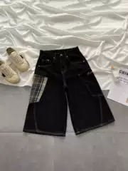 American-Style Plaid Large-Pocket Cropped Jeans for Men, Summer New Design, Retro Loose Wide-Leg Casual Shorts