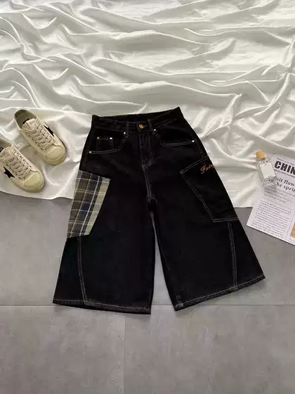 American-Style Plaid Large-Pocket Cropped Jeans for Men, Summer New Design, Retro Loose Wide-Leg Casual Shorts