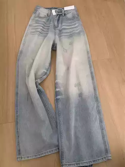 Light-Colored Washed Distressed Jeans for Men, Spring and Autumn, American Style Trendy Brand Design, Creased Loose Straight Wide-Leg Pants