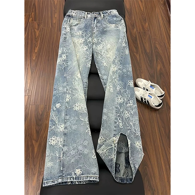 浅蓝色提花牛仔裤男秋季美式高街