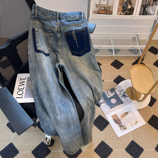 设计感小众潮牌复古宽松休闲裤 男春秋新款 子 水洗蓝直筒牛仔裤 美式