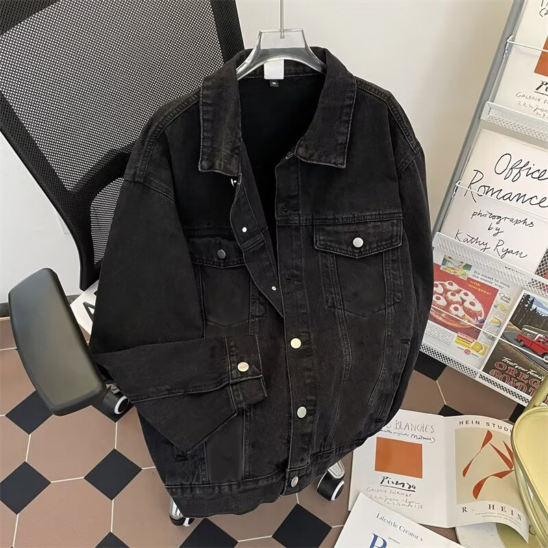 黑色牛仔夹克男美式复古宽松