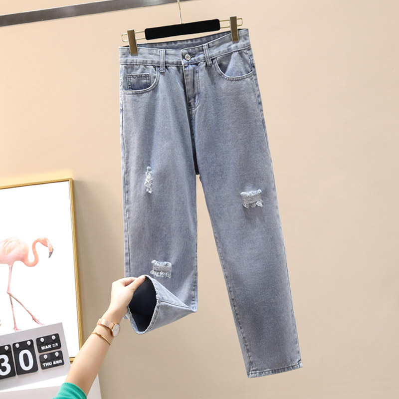 2025春夏新款破洞牛仔裤男直筒宽松痞帅港风男生百搭韩版九分裤潮