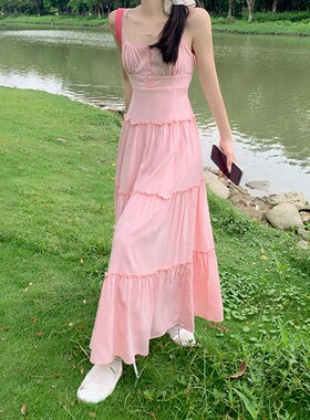 KRO法式极简褶皱连衣裙女2024夏季新款收腰仙女吊带显瘦百搭长裙