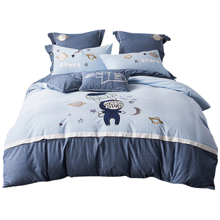 水洗棉四件套全棉裸睡超柔儿童床单三件套卡通被套135米床男