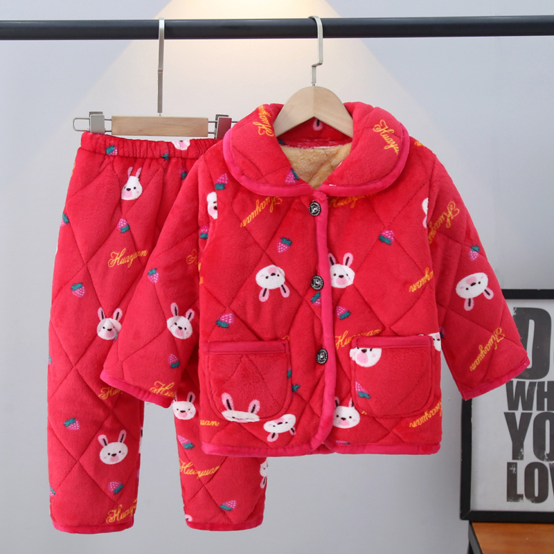 秋冬季儿童法兰绒睡衣加厚款女童男童珊瑚绒铺棉套装小女孩家居服