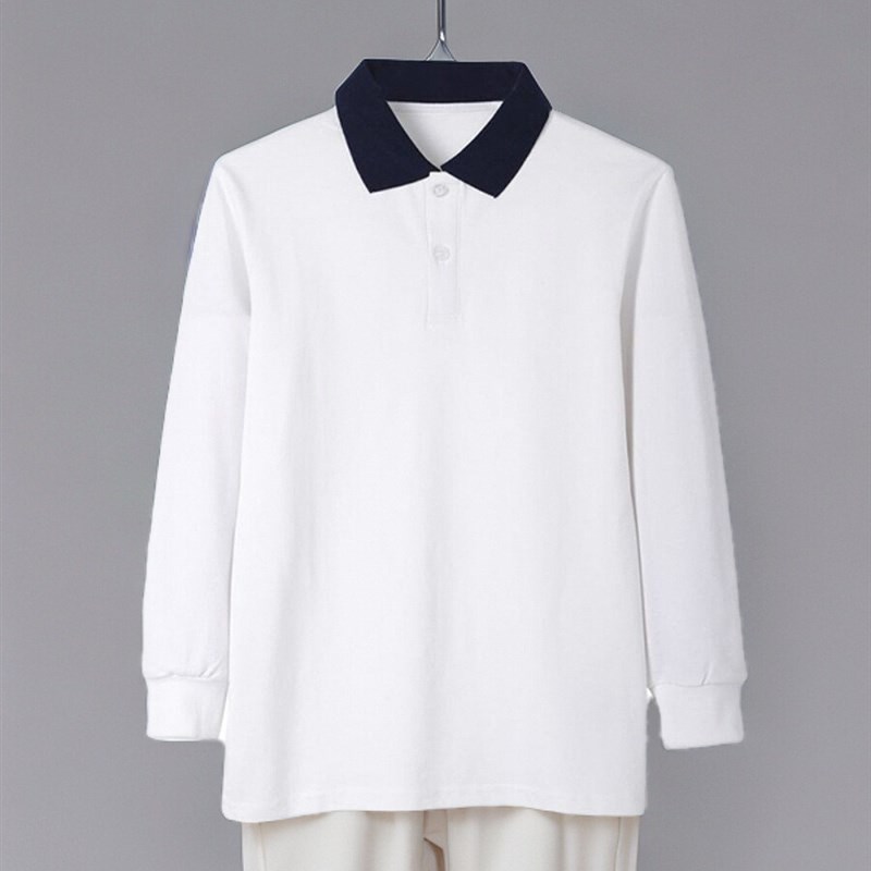 校服polo衫长袖T恤高中学生藏青白色上衣男女纯棉春秋初中生班服