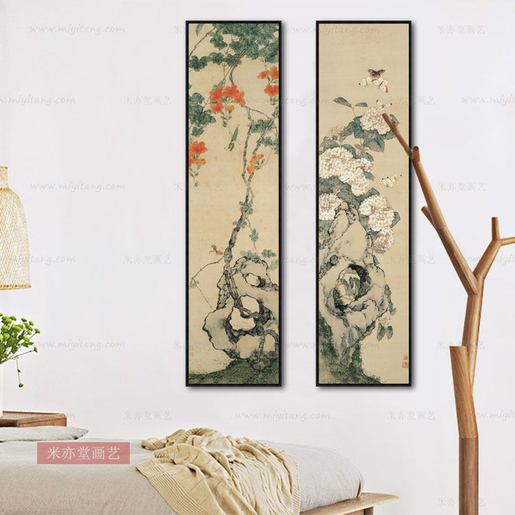 米亦堂x居廉 花鸟四条屏新中式仿古明清禅意餐厅书房客厅玄关挂画