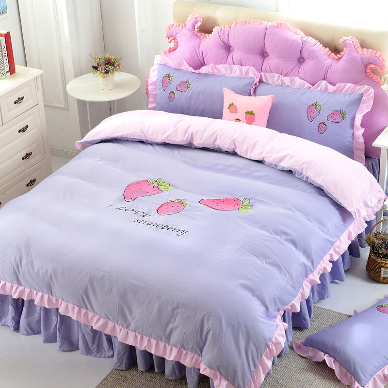 小草莓纯棉床裙四件套少女心学生宿舍卡通公主全棉三件套床上用品