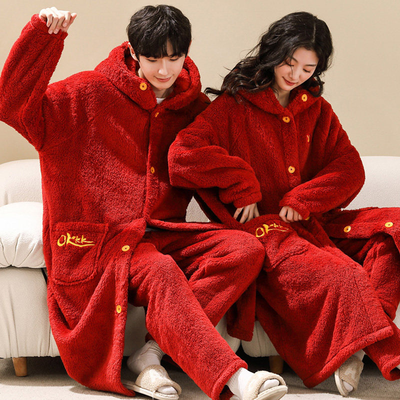 睡袍女秋冬季长款可爱卡通珊瑚绒情侣浴袍男加绒加厚大码冬季睡衣