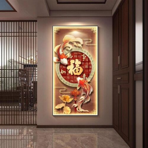 锦鲤赐福新中式玄关led灯装饰画走廊尽头壁画入户正对门带灯挂画