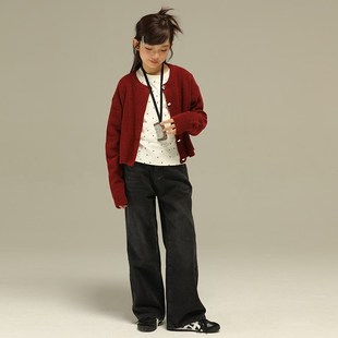 小女森女童秋冬加绒裤子黑色宽松牛仔裤中大童做旧外穿休闲长裤厚