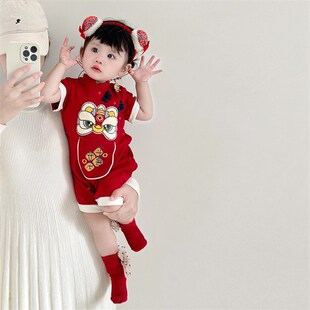 婴儿短袖新年装薄款宝宝满月百天衣服中国风新生儿拜年衣服喜庆男