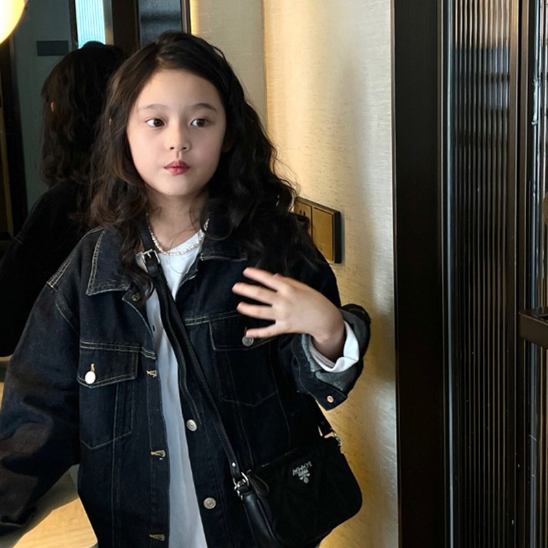 女童宽松黑色牛仔外套2025春装新款童装中大儿童休闲夹克亲子装潮