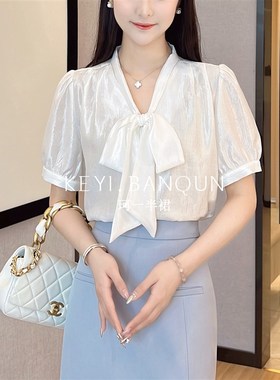 夏季法式蝴蝶结衬衣女2025新款气质琉璃缎面衬衫百搭短袖60/28096