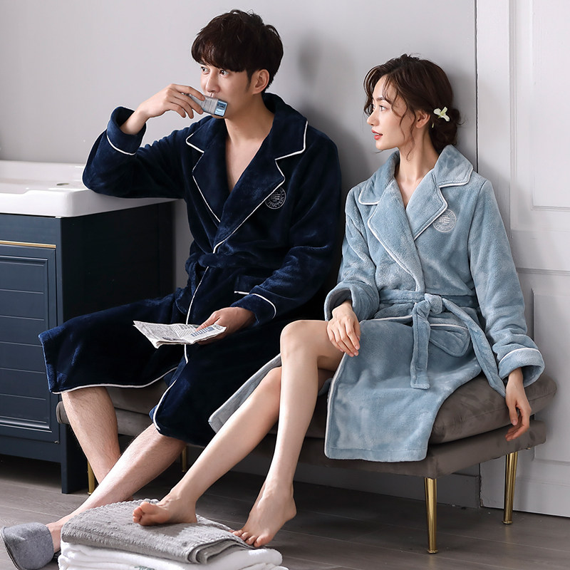 秋冬季珊瑚绒情侣睡袍睡衣女士加绒加厚浴袍中长款法兰绒春秋男款