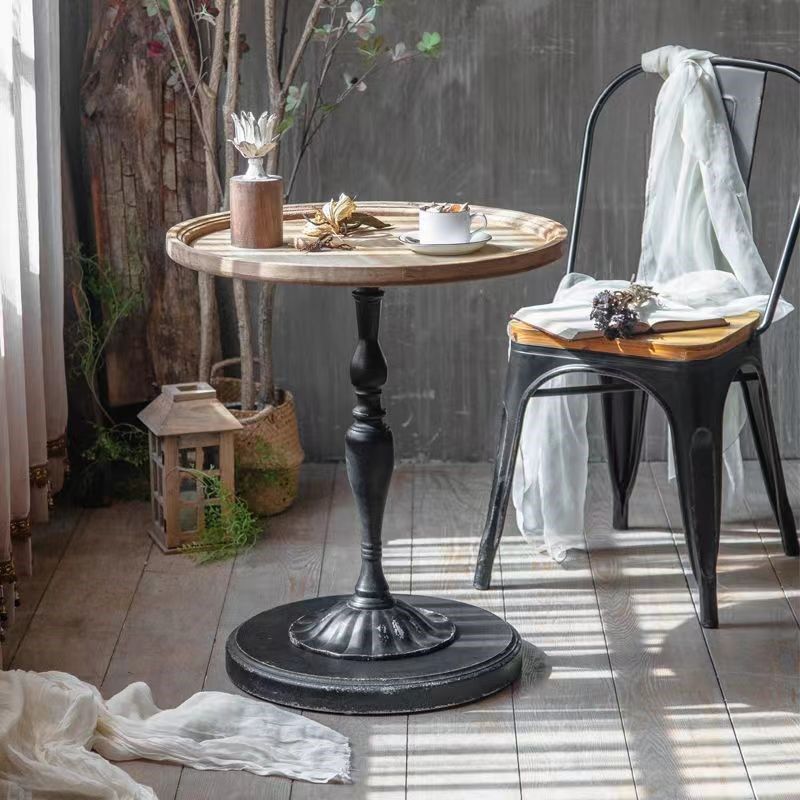 美式田园复古做旧铁艺茶几客厅咖啡厅角几实木小圆桌中古边几桌椅
