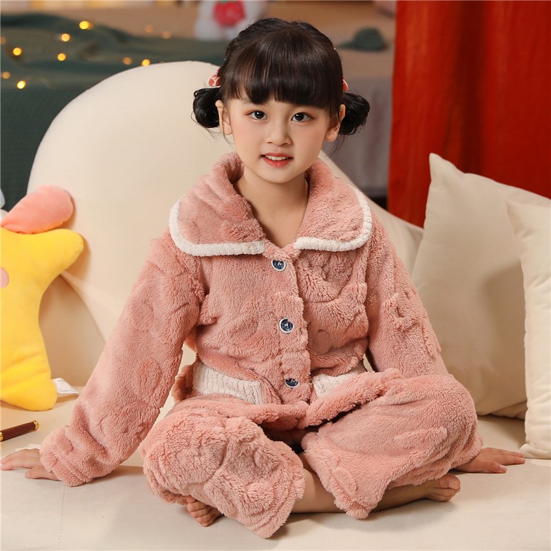 秋冬季男童女童珊瑚绒睡衣冬款儿童加厚居家服女孩宝宝法兰绒套装