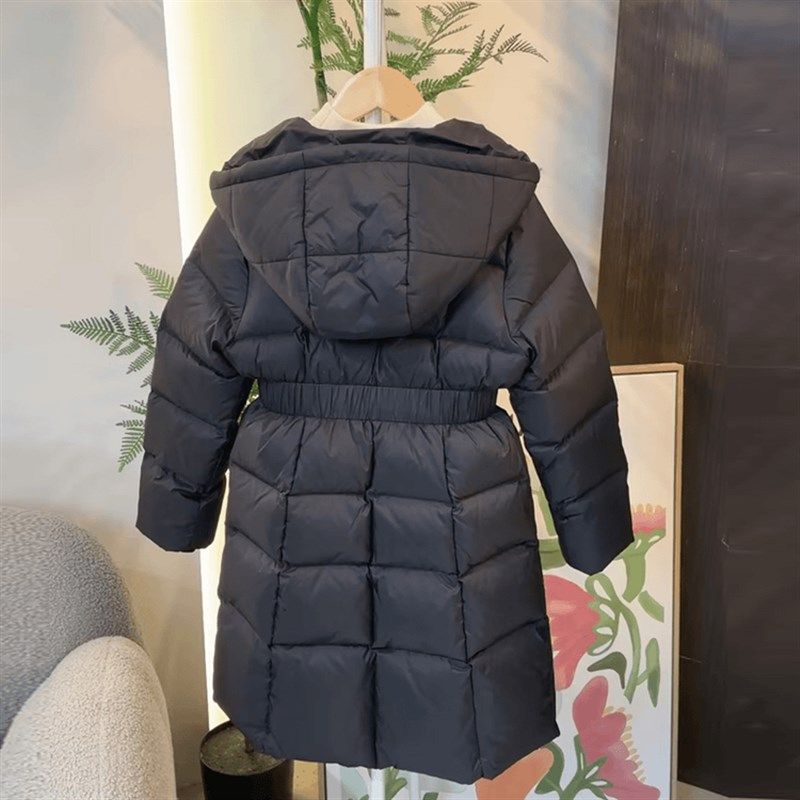 女童长款收腰保暖羽绒服外套洋气时尚女孩棉服长款黑色连帽休闲爆