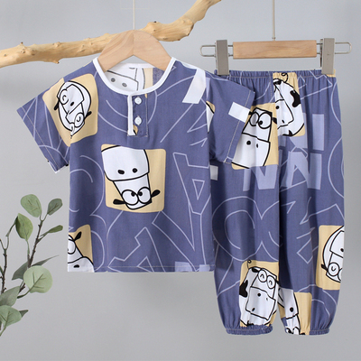 夏天儿童棉绸睡衣薄款夏季女童男童绵绸宝宝男孩短袖长裤可爱套装