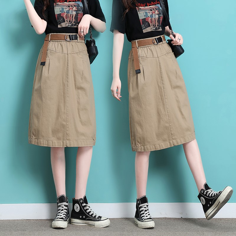 卡其色牛仔半身裙女2024年秋季新款松紧腰显瘦休闲a字百搭中长裙