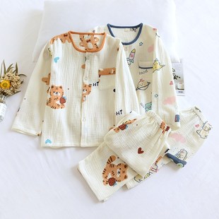 儿童春夏薄纯棉纱布泡泡棉纱全棉男童睡衣套圆领防蚊服透气家居服